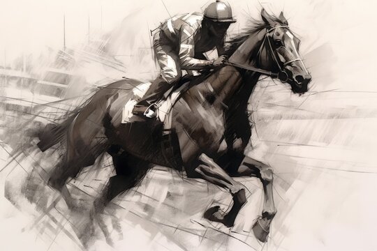 Jockey Sprinting With The Horse, Charcoal Pencil Drawing. Horse Racing Vintage Style Horizontal Poster.