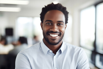 Portrait of a black guy in a modern office setting. Diversity and representation in the workplace, Symbolizes confidence, professionalism, and success. Generative AI Technology.
