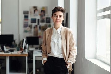 Androgynous person working in office, concepts of inclusivity and diversity. Equality, acceptance, and representation, individuality and challenges traditional gender roles. Generative AI Technology.