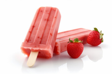 Fruit ice cream topped with fresh strawberries on a plain white background. Generative AI Technology.