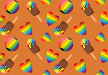 Cartoon summer rainbow seamless ice cream and hearts and ball pattern for wrapping paper and fabrics 