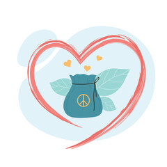 Donation bag inside line of heart drawn with brush Charity concept. Support and care from community of people flat vector illustration.