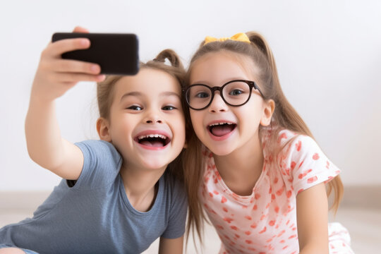 Two girls taking selfies on their smartphone, expressing joy and friendship. The natural lighting and background offer a clean and bright aesthetic. Generative AI Technology.
