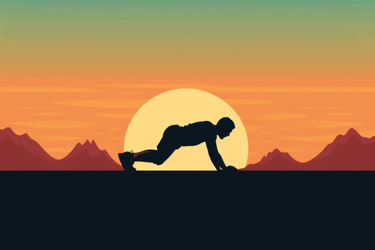 Silhouette of a man doing push-ups on the ground, surrounded by nature. Fitness, health, and lifestyle. Generative AI Technology.