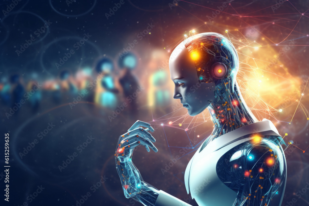 Poster woman robot, symbolizing the progress we've made in the field of artificial intelligence. highlighti