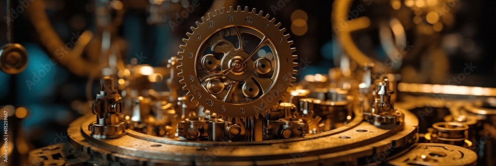 Poster a close up of a clock with many gears. generative ai image.