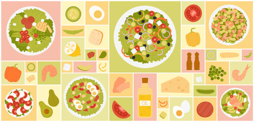 Cartoon isolated top view of healthy food, salad plates and ingredients, fresh vegetable and shrimp, salmon avocado slice in trendy geometric design background. Salad square set vector illustration.