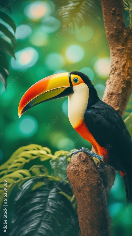Poster a colorful bird sitting on top of a tree branch. generative ai image.