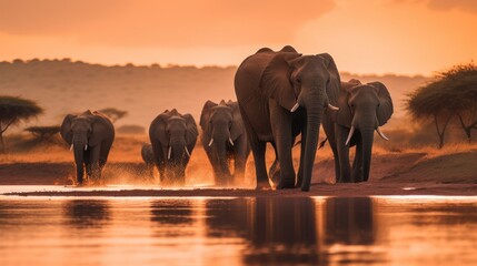 Fototapeta na wymiar A herd of elephants walking along a river. Generative AI image.