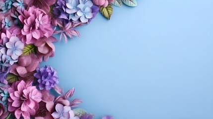 Fototapeta na wymiar Frame from flowers on a blue wall, artistic illustration. Generative AI