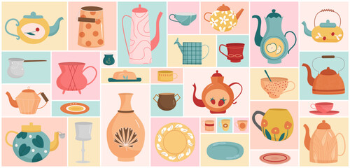 Fototapeta premium Cartoon cute colored glass and ceramic crockery with different pattern, tableware for tea ceremony and breakfast in geometric collage background. Kitchen utensils for tea party set vector illustration