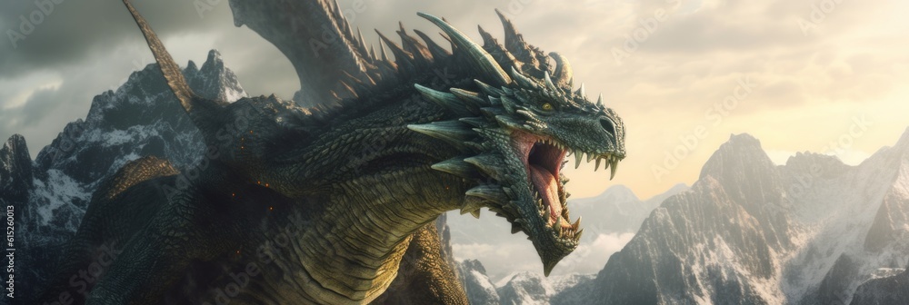 Poster a close up of a dragon with a mountain in the background. generative ai image.