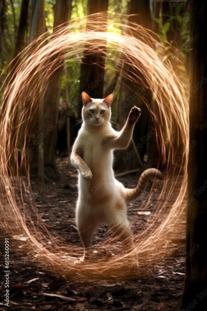 Poster a cat standing on its hind legs in a circle of light. generative ai image.