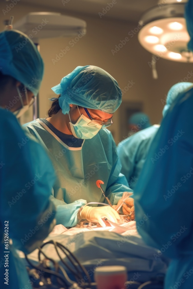 Poster a group of surgeons performing surgery in an operating room. generative ai image.
