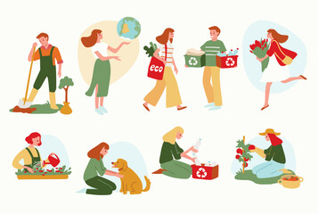 People recycle trash, plant and care about nature. Eco friendly. eco-friendly behavior. Environmentally friendly people.