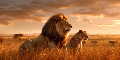 A couple of lions sitting in a field. Generative AI image. - obrazy, fototapety, plakaty