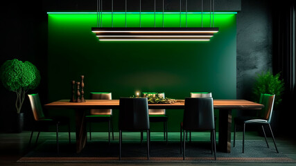A dark dining room with green neon lights in minimalist style. Generative AI.