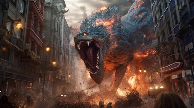 A giant godzilla attacking a crowd of people on a city street. Generative AI image.