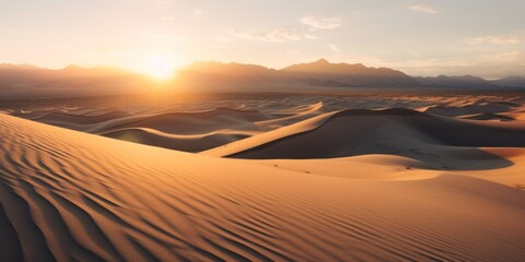Fototapeta na wymiar The sun is setting over the sand dunes. Generative AI image.