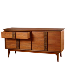 Vintage Mid-Century Modern Dresser. Walnut furniture with open drawer. No background png.