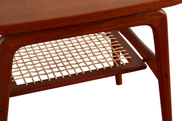 Carved Mid-Century Modern side table. Elegant design vintage teak furniture. No background png.