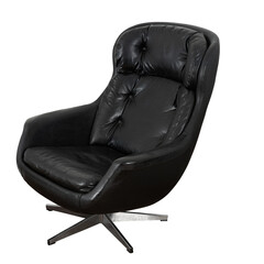 Classic black vegan leather lounge chair . Chrome swivel base cushioned chair. No background png...