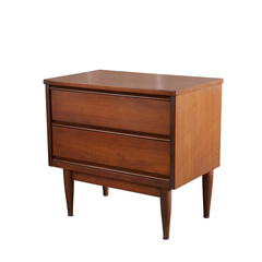 Two-drawer wooden nightstand. Mid-century modern furniture. No background png. 