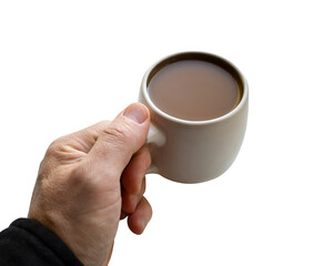a man's hand holds a coffee mug on a white background