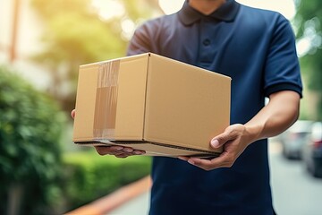 Delivery man delivering holding parcel box to customer
