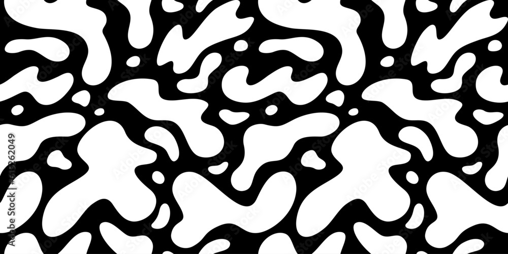 Poster Seamless Pattern with Liquid White Shapes on Black Background. Abstract Monochrome Bg. Vector Texture with Blobs and Splashes