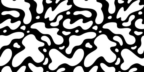 Seamless Pattern with Liquid White Shapes on Black Background. Abstract Monochrome Bg. Vector Texture with Blobs and Splashes