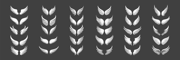 Fototapeta na wymiar Vector Black and White Wing Icon Set. Vintage Angel Wings Silhouette, Icons, Logo Design Template, Clipart Collection. Cupid, Bird Wings. Vector illustration