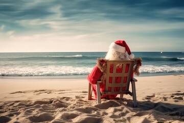 Santa claus relaxing the sandy beach view from the back. Christmas in july. Generative AI.