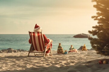 Santa claus relaxing the sandy beach view from the back. Christmas in july. Generative AI. - obrazy, fototapety, plakaty