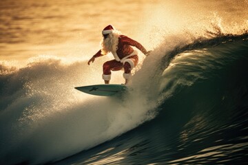 Santa claus surfing view from the back. Christmas in july. Generative AI.