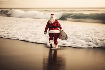 Santa claus surfing view from the back. Christmas in july. Generative AI. - obrazy, fototapety, plakaty