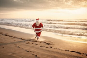 Santa claus running along the sandy beach view from the back. Christmas in july. Generative AI.
