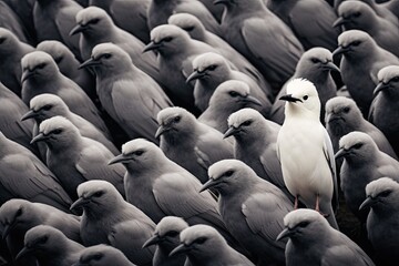 Obraz premium Standing out from the crowd , white bird standing between many grey birds. Generative AI.