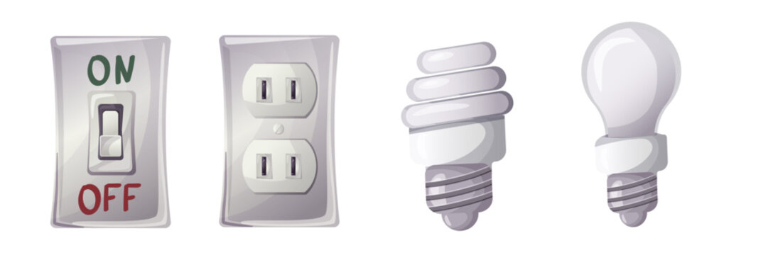 set of illustrations with light bulbs, light switch, socket. cartoon style. vector.