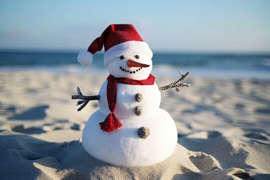 Smiling sandy snowman in red santa hat on the sea beach. Christmas in july. Generative AI.