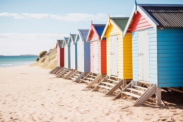 Colorful wooden dressing rooms on a beach.