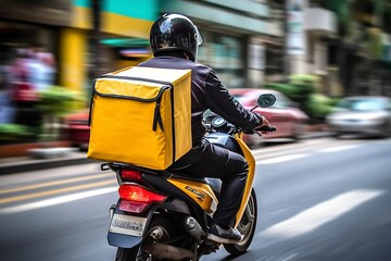 Fototapeta na wymiar A motorcycle rider speeding through the city to deliver an order.