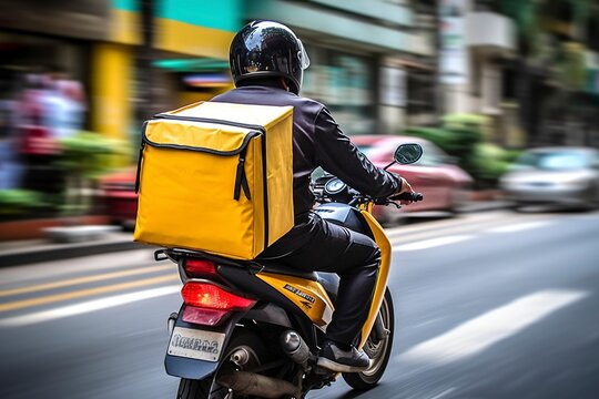 A motorcycle rider speeding through the city to deliver an order.