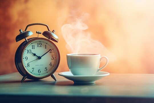 Composition with an old alarm clock and a steaming cup of coffee, with copy space.