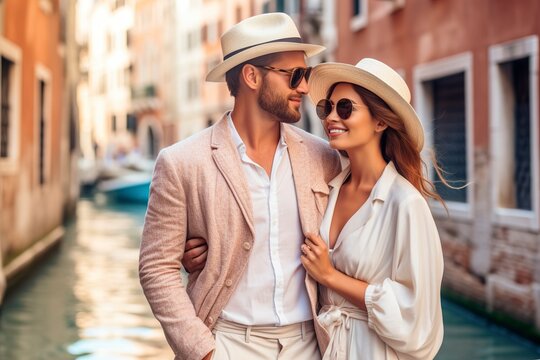 Couple of tourists in love stroll through Venice.
