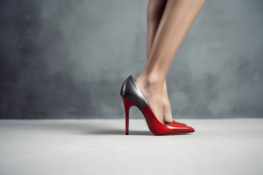 Woman's legs in red high-heeled shoes, slim and beautiful legs, copy space.