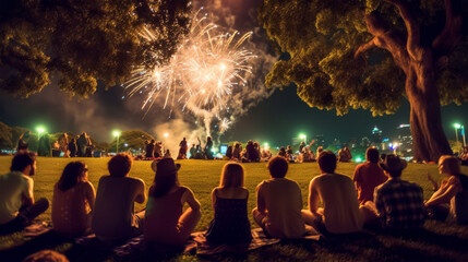 Fototapeta na wymiar American family watching fireworks at night on the 4th of July