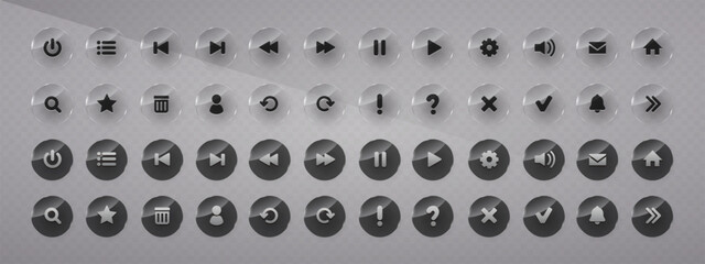 Collection of glossy glass buttons. Transparent icons for mobile, web design interface. Vector isolated button set