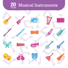 Set of colored musical instruments icons Vector illustration