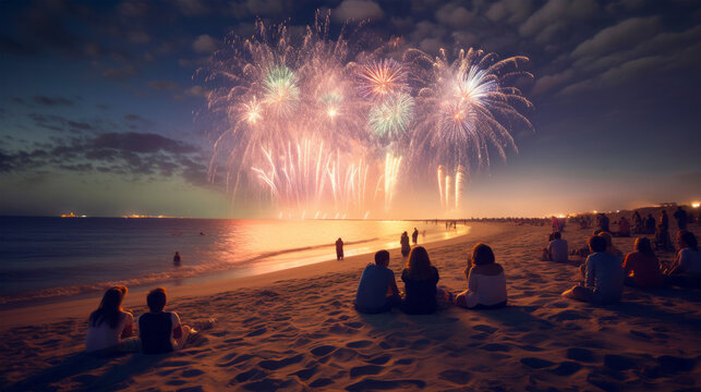 American family watching fireworks at night on the 4th of July - Fireworks on the beach